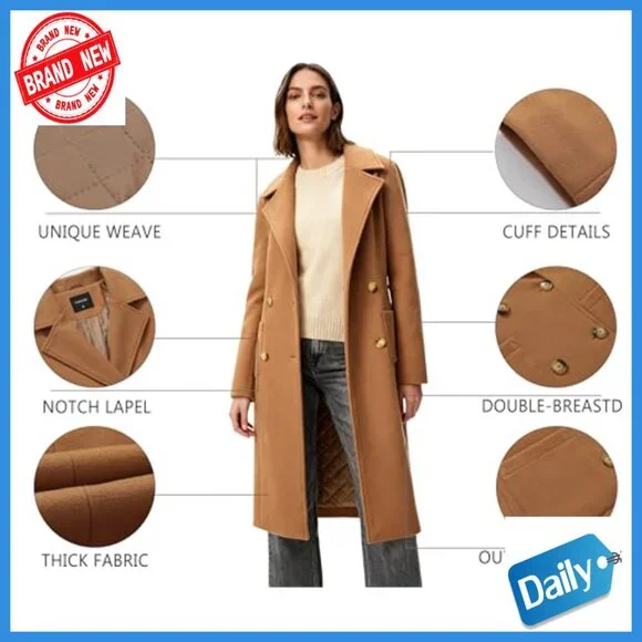 Long Double-Breasted Trench Coat, Polyester, Notch Lapel, Knee-Length Overcoat - Picture 6 of 7